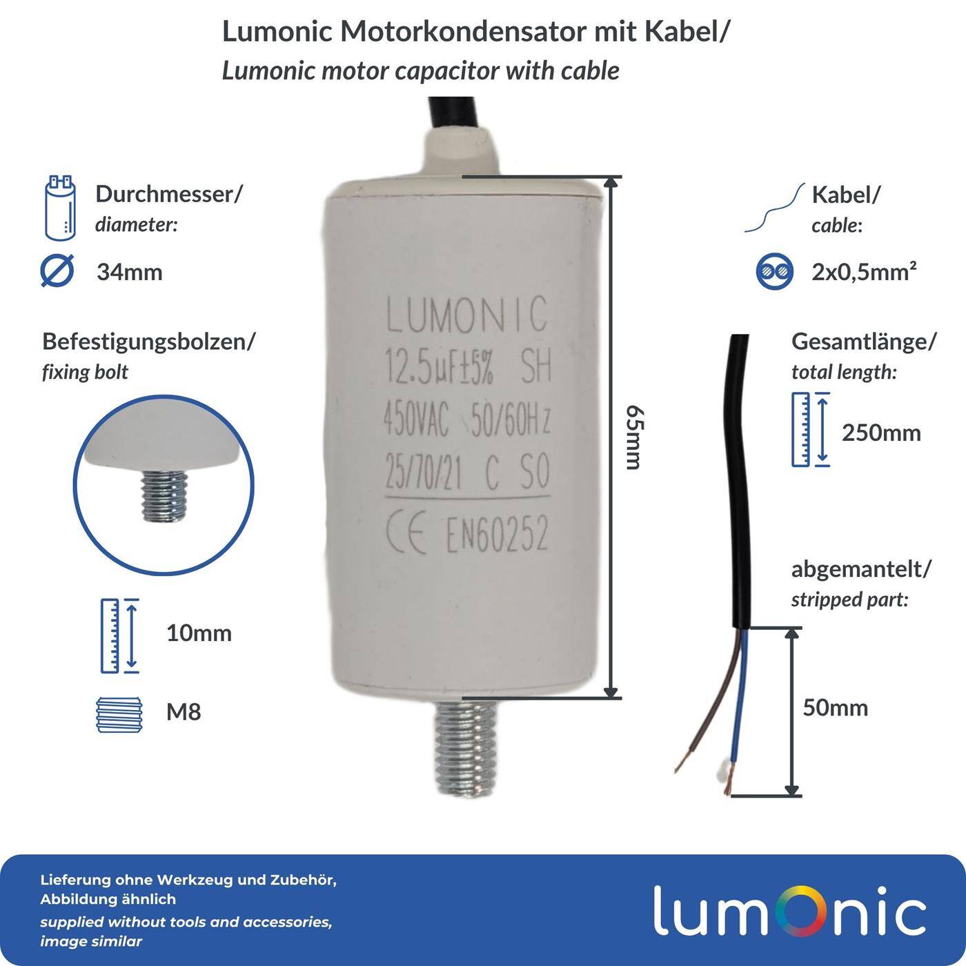 Lumonic Anlaufkondensator 12,5µF 450V | mit Kabel I 34x65mm I 12,5uF I Motorkondensator mit Kunststoffgehäuse I Betriebskondensator I für Pumpen, Rasenmäher, Werkzeuge