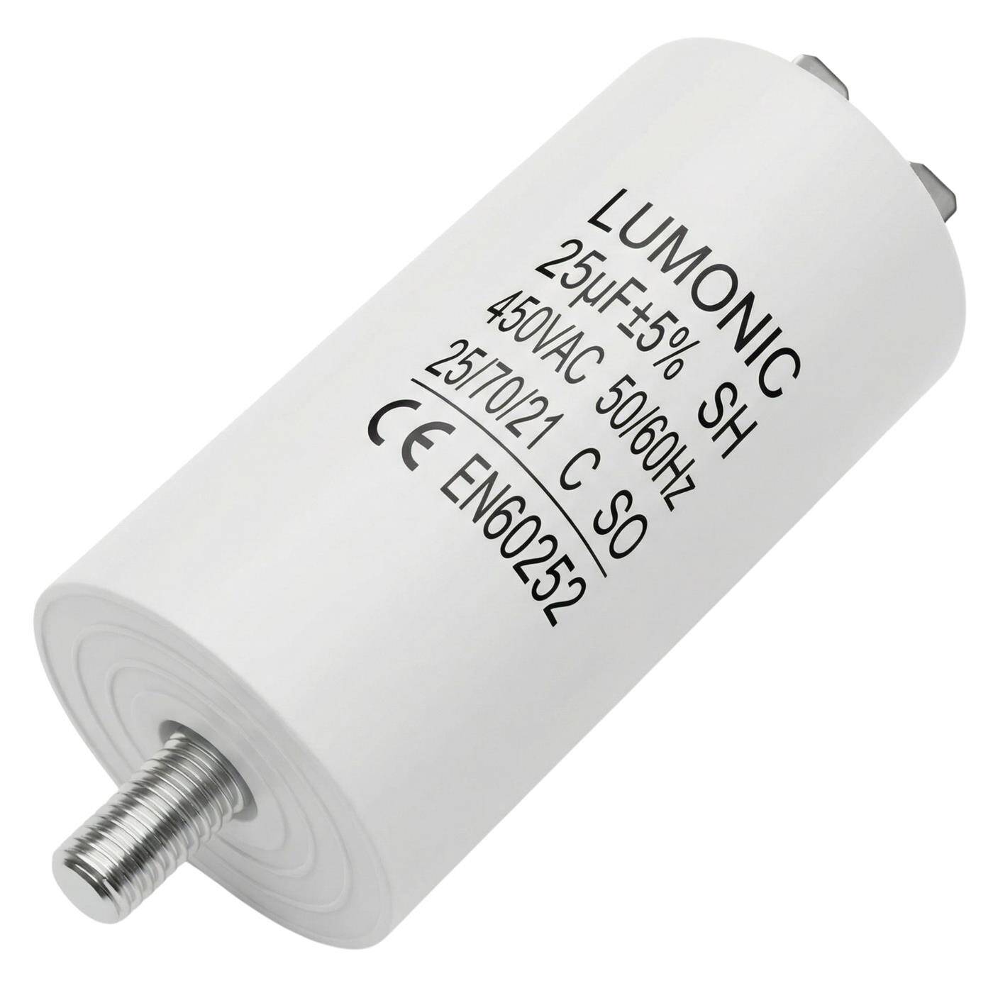 Lumonic Starting capacitor 25µF 450V | with Plug I 38x75mm I 25uF I Motor capacitor with plastic housing I Operating capacitor I for pumps, lawn mowers, tools