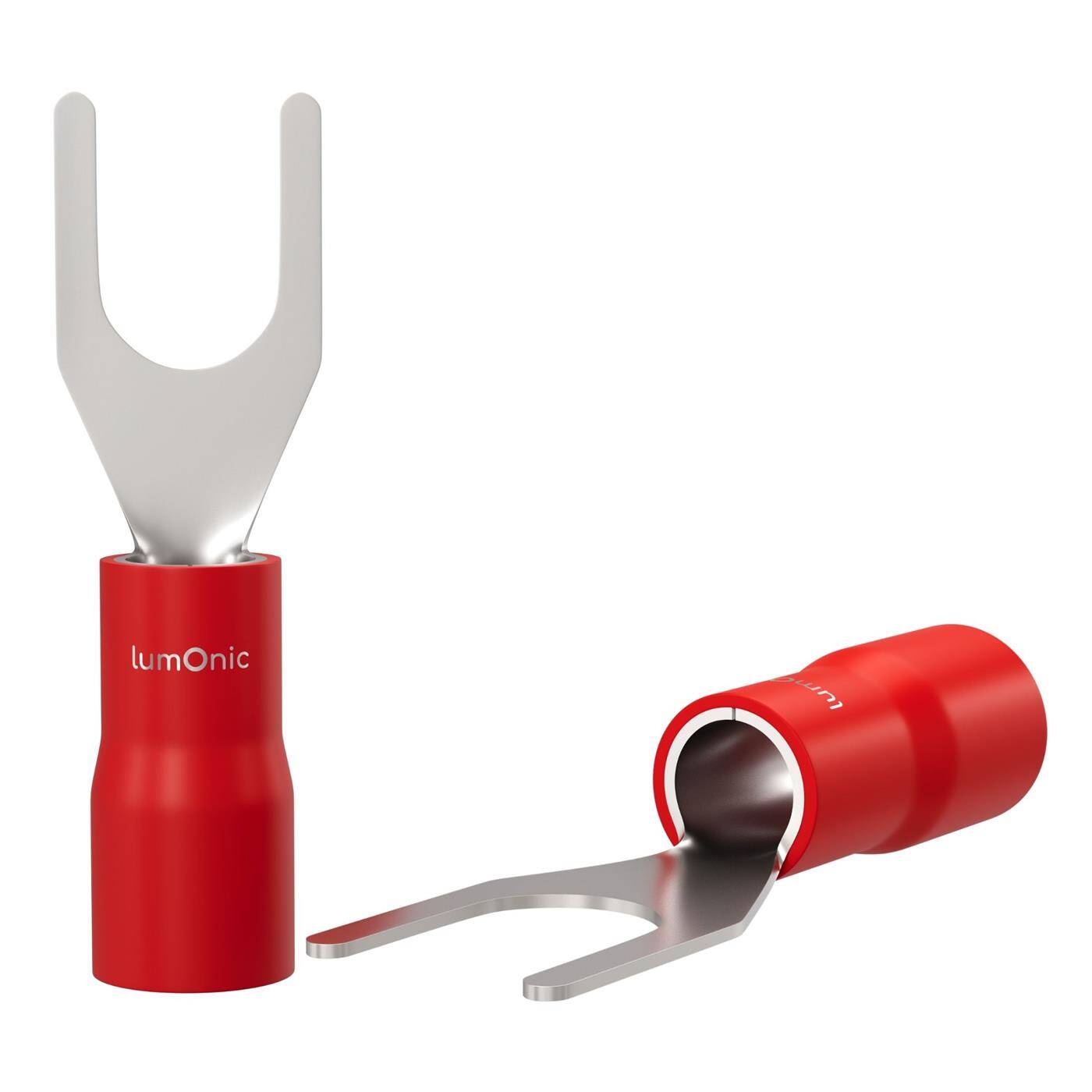 Lumonic 25x Gabelkabelschuh 0,5-1,5mm² teilisoliert | M4 | Kupfer verzinnt | sichere Kabelverbindung ohne Löten | Set mit 25 Stück Crimp-Kabelschuh, Quetschverbinder | KFZ, Maschinenbau, Wohnmobil, Batterie