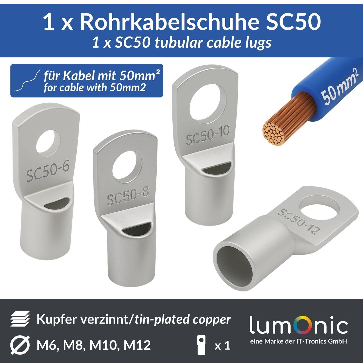 Rohrkabelschuh blank 50mm² Lochdurchmesser M6 SC50-6 Ringzunge Kupfer verzinnt