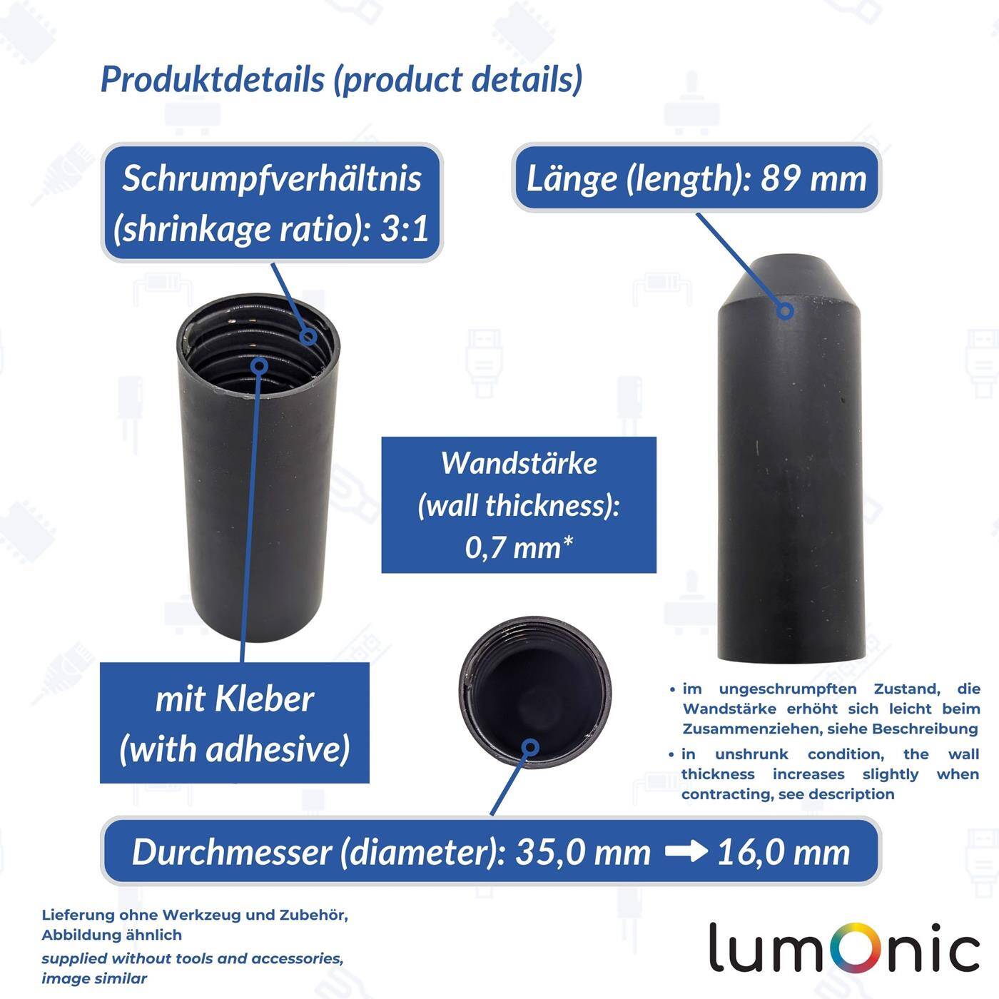 Warmschrumpf Endkappe mit Kleber 35 -> 15mm schwarz Verhältnis 3:1 vernetztes Polyolefin Schrumpfkappe für Kabel, Rohre und Seile