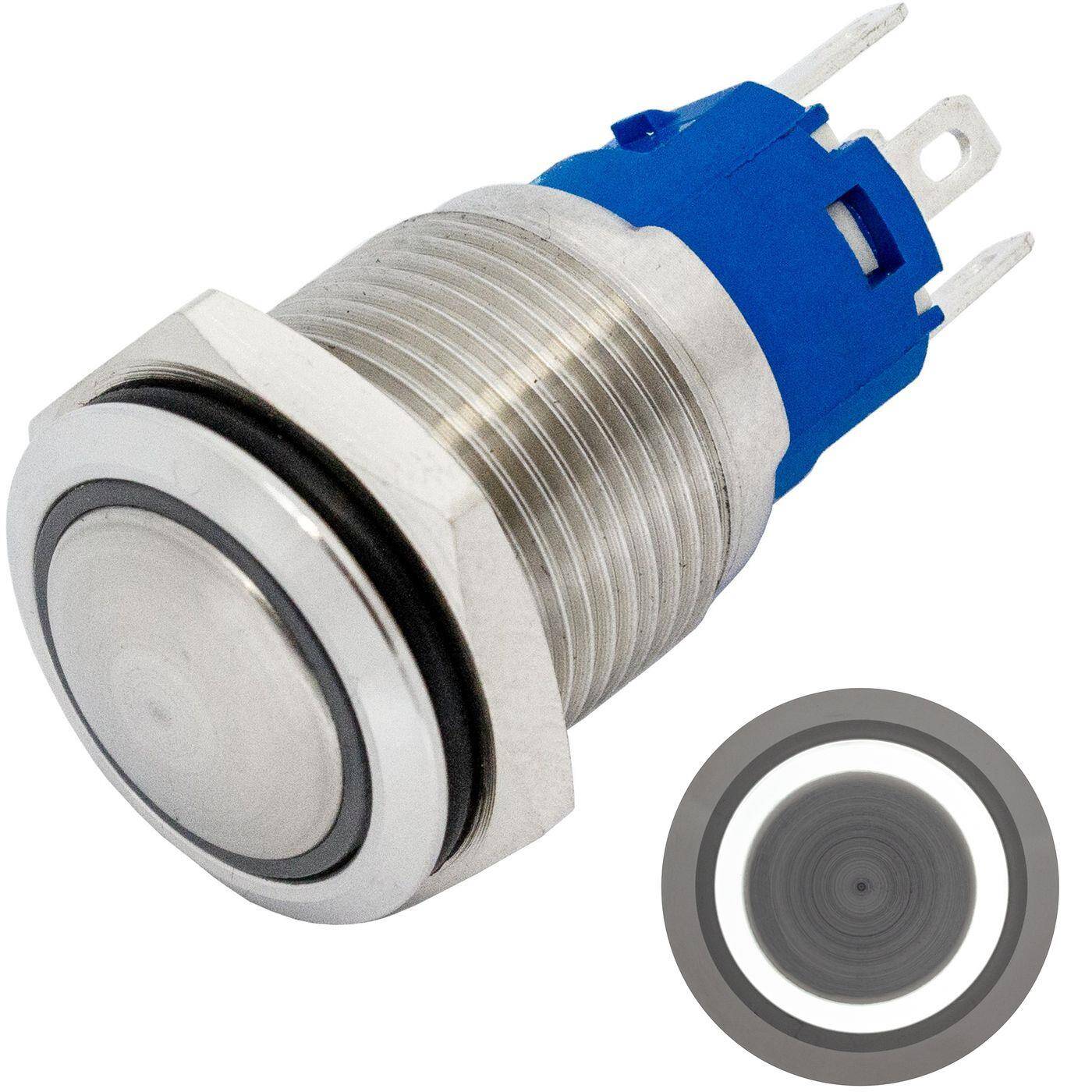 Lumonic Edelstahl Druckschalter gewölbt 16mm Durchmesser I Mit einer Ring LED in Kalt-Weiß Maße: 2,8x0,5mm Pin s 250V 3A I Vandalismussicher nach dem IP65 Standard