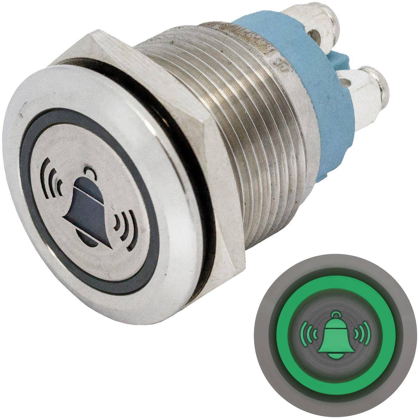 Stainless steel Push button Flat Ø19mm Bell LED Green IP65 Screw Connection 250V 3A Vandal-proof