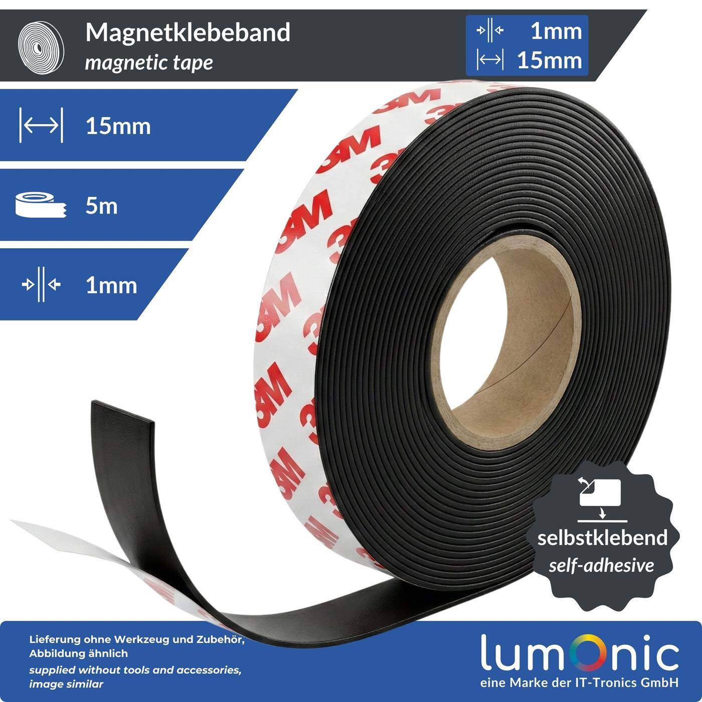 Lumonic 5m Magnetic tape | 15x1mm | Flexible, self-adhesive, can be cut to size, without drilling | Fly screen, school and blackboard