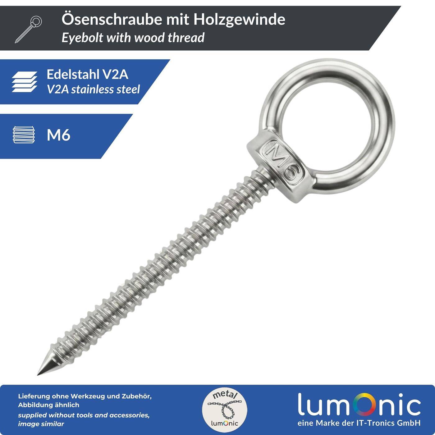 Lumonic Eye bolt V2A stainless steel with wood thread | M6x60mm |  | Attachment to beams/wooden posts | Eyebolt for awning, hammock, swing + chains