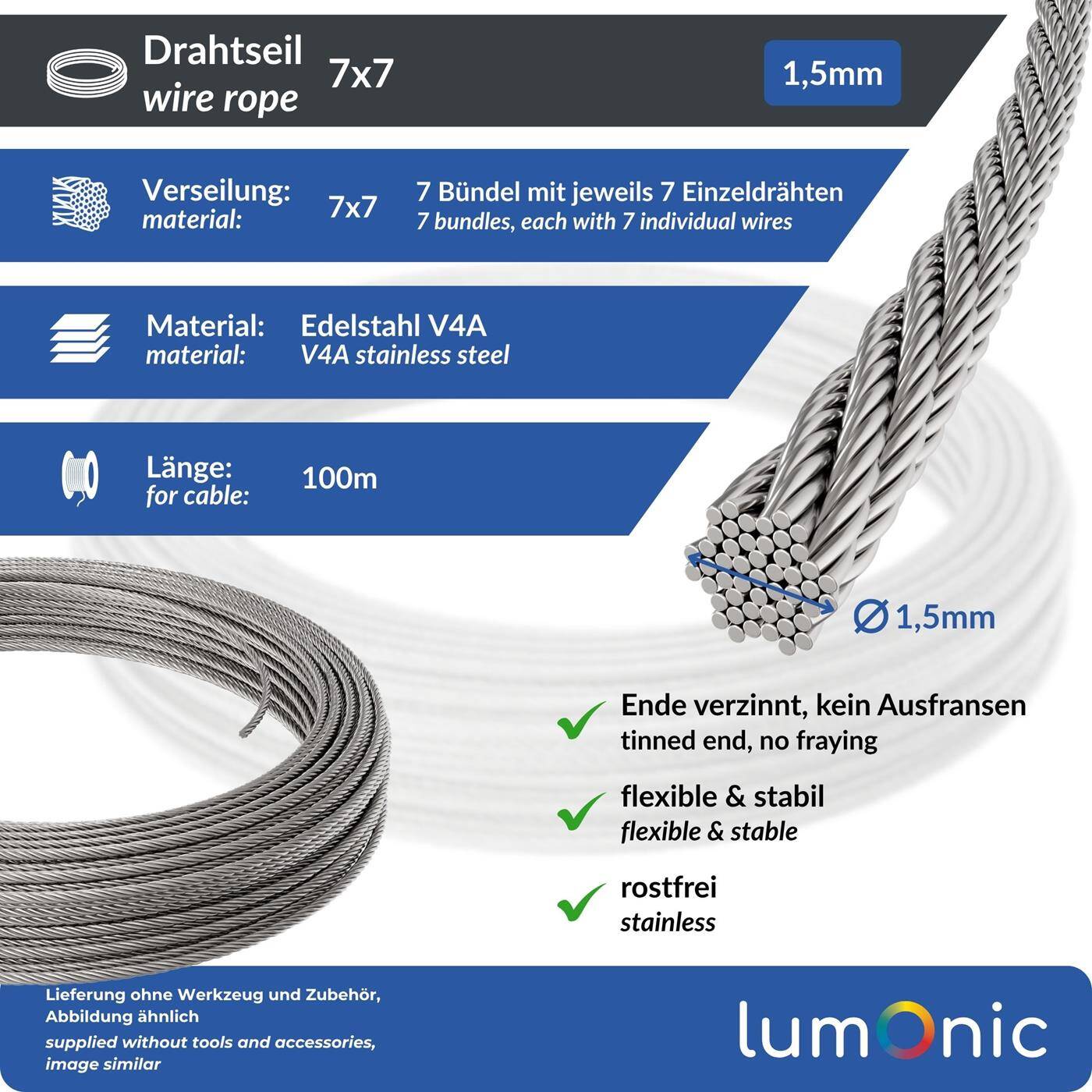 Lumonic Drahtseil 7x7 | 100m Ø1,5mm | V4A Edelstahl rostfrei | Stahlseil mit verzinnten Enden | für Rankhilfe, Wäscheleine, Lampen, Sichtschutz, Sonnensegel