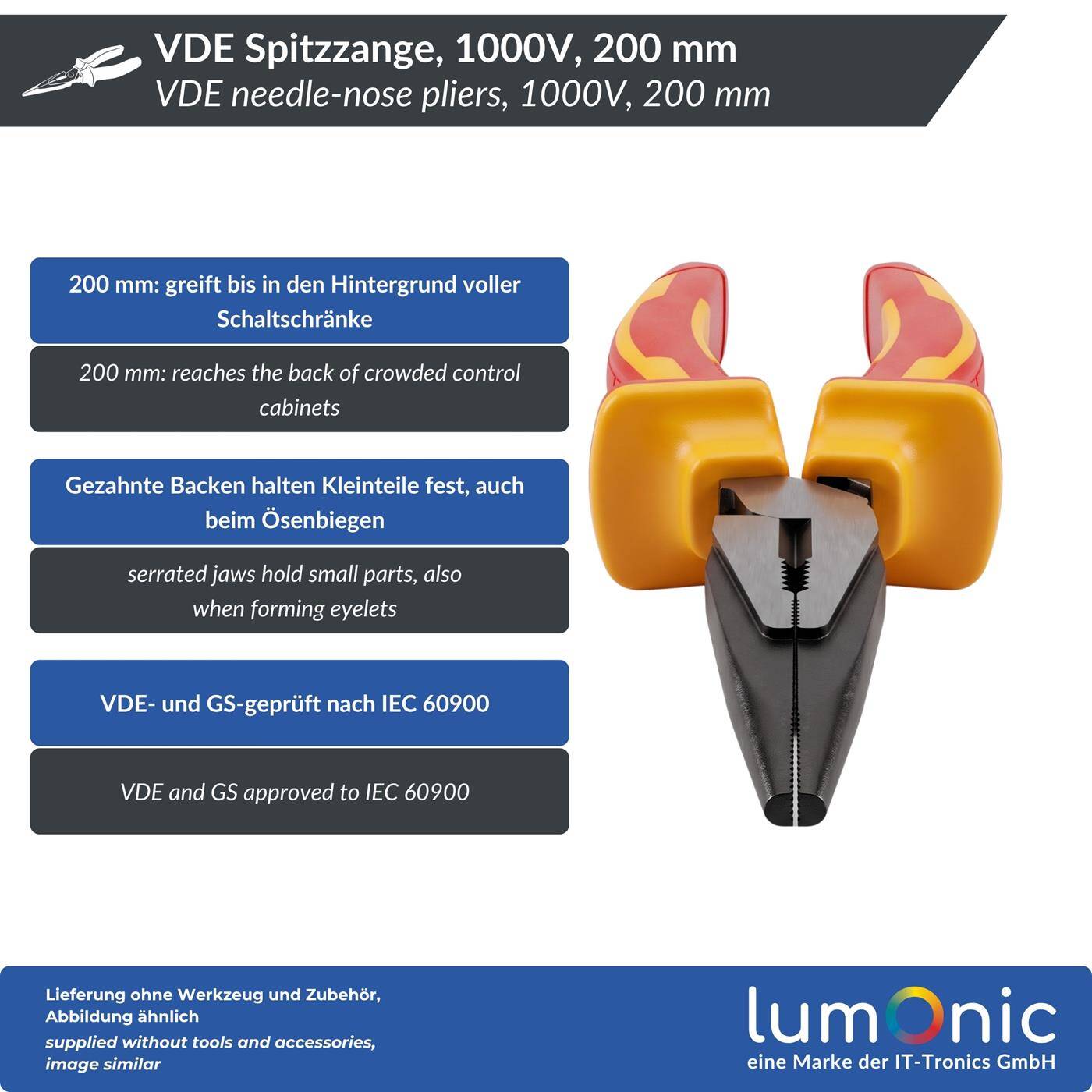 Lumonic VDE Needle-Nose Pliers, 1000 V Heavy-Duty, 200 mm - Extended serrated jaws, 60CrV steel, two-component handle, for control cabinets and junction boxes