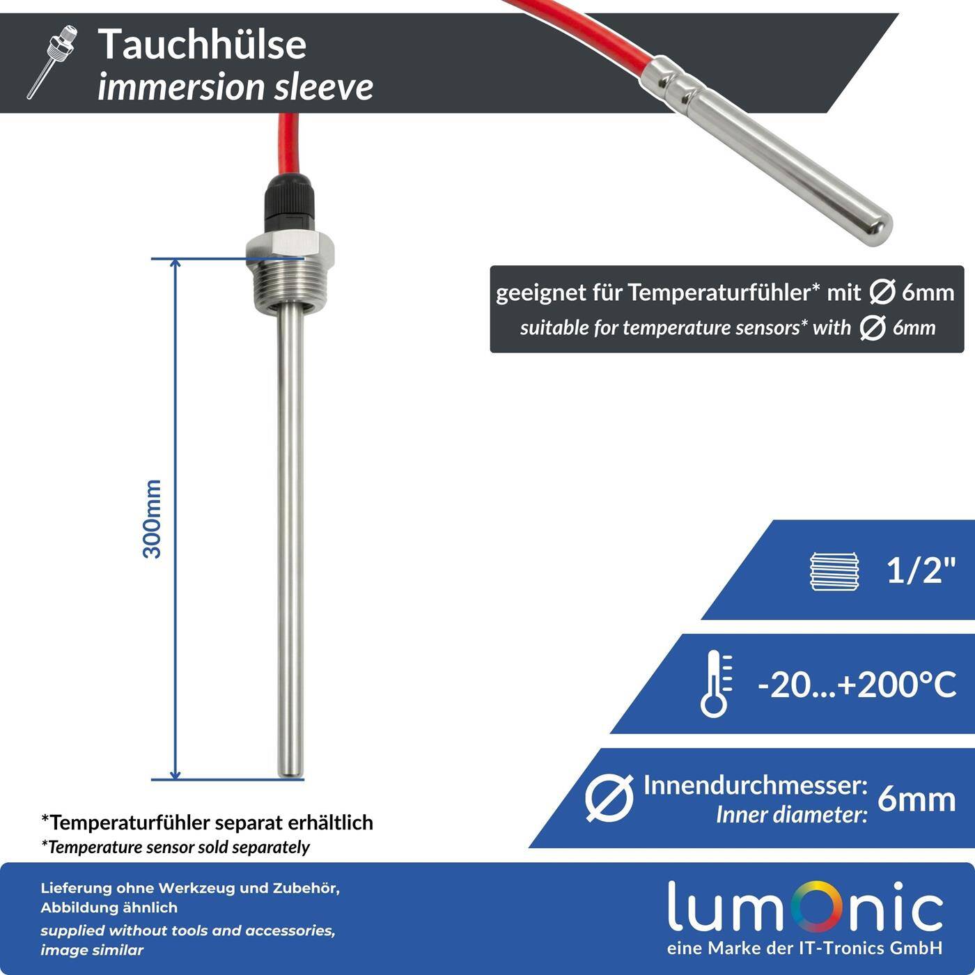 2x Tauchhülse V2A Edelstahl 3/4 Zoll 300mm für 6mm Temperaturfühler für Pufferspeicher Heizung Solar + Smart Home