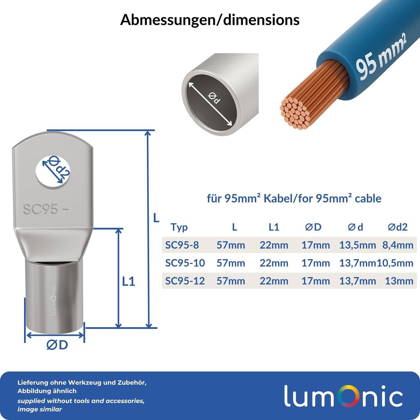 Lumonic 1x Rohrkabelschuh 95mm² blank | M8 | Kupfer verzinnt | Kabelverbindung ohne Löten | SC95-8, Crimp-Kabelschuh, Quetschverbinder | KFZ, Maschinenbau, Wohnmobil, Batterie