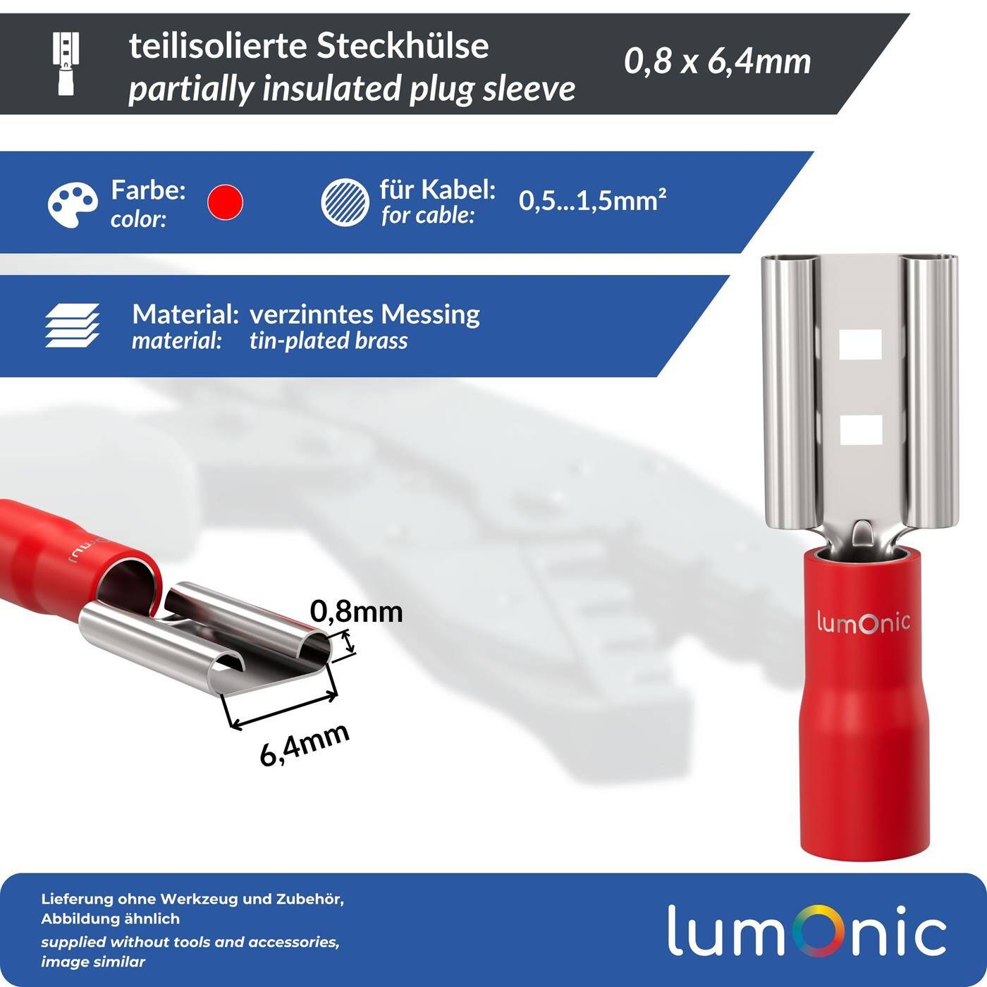 25x Flat receptacle partially insulated 0,5-1,5mm² Plug-in dimension 0,8x6,4mm Red for flat plug Brass tinned 25x Flat receptacle partially insulated 0,5-1,5mm² Plug-in dimension 0,8x6,4mm Red for flat plug Brass tinned