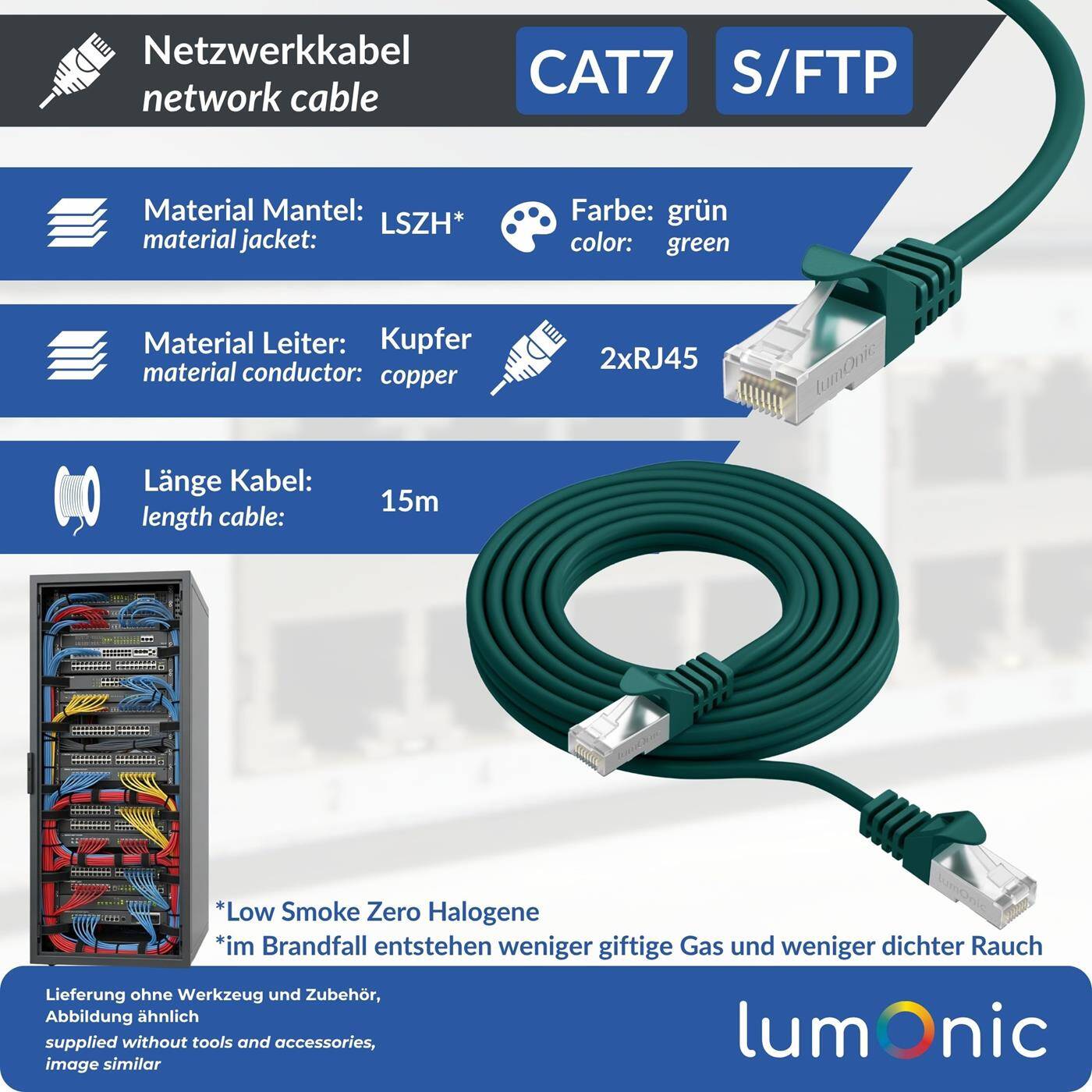 Lumonic CAT7 Patchkabel S/FTP 15m | RJ45 | Grün | Ethernet LAN | Netzwerkkabel