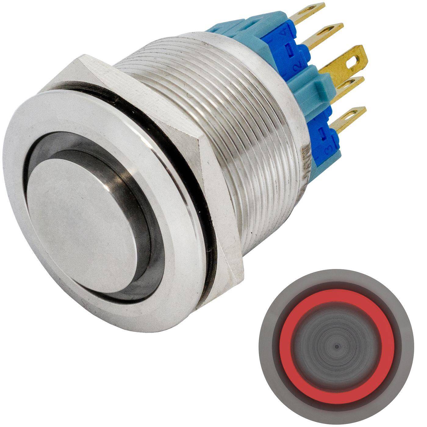 Edelstahl Drucktaster erhaben Ø25mm Ring LED Rot IP65 2,8x0,5mm Pins 250V 3A Vandalismussicher