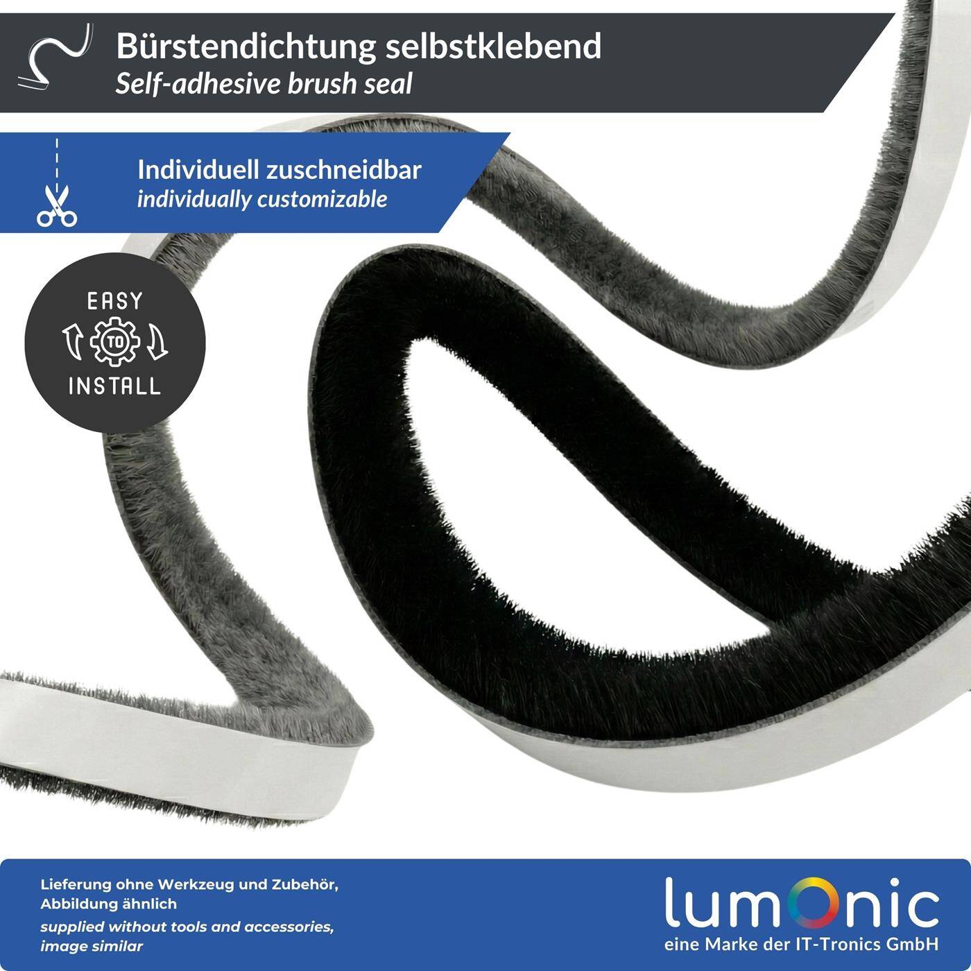 Lumonic 5m Bürstendichtung grau 15mm | Selbstklebend + Zuschneidbar | Zugluftstopper, Kälteschutz, Insektenschutz für Fenster, Türen, Schrank