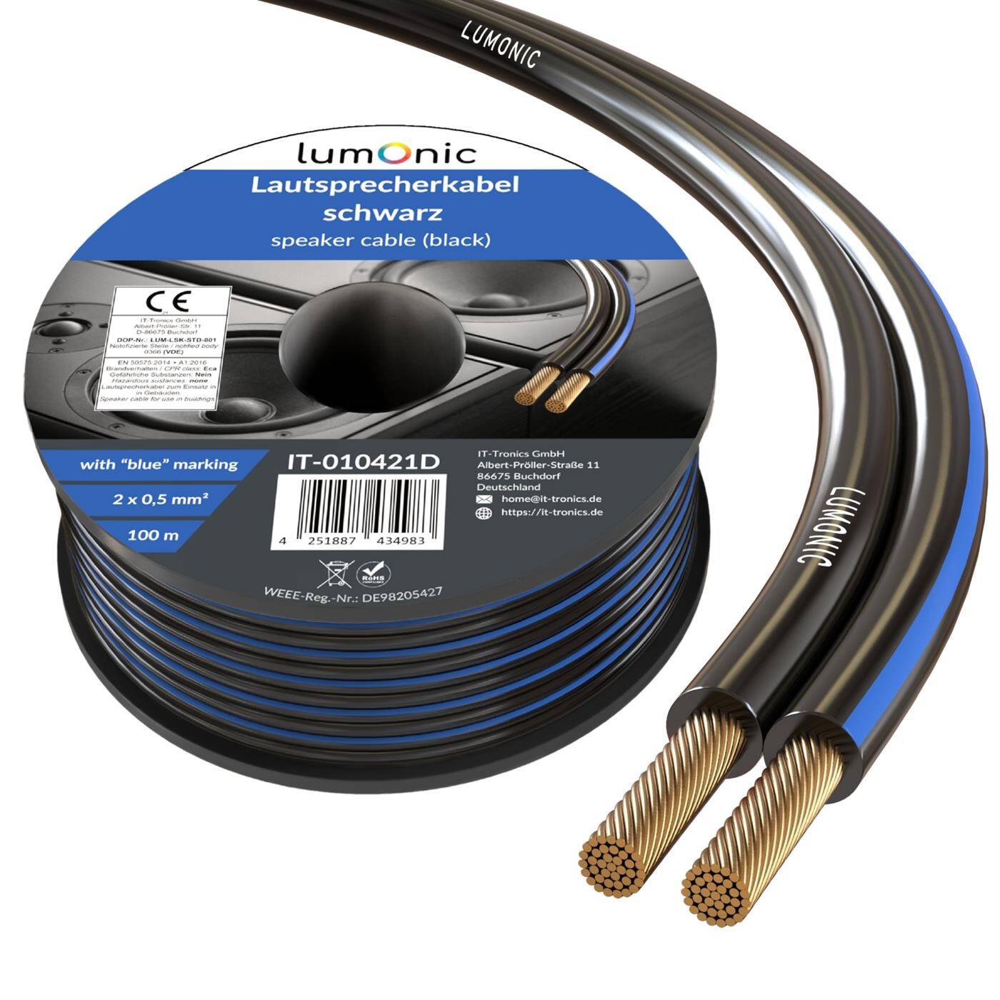 Lumonic Speaker cables | 100m Black | 2x 0,5mm² CCA | Blue marking HiFi speaker cable | Audio twin line