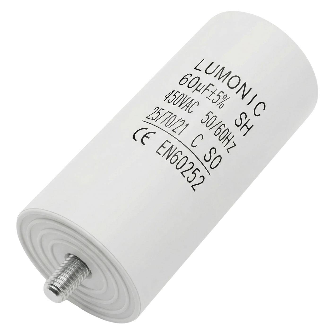 Lumonic Anlaufkondensator 60µF 450V | mit Stecker I 45x100mm I 60uF I Motorkondensator mit Kunststoffgehäuse I Betriebskondensator I für Pumpen, Rasenmäher, Werkzeuge