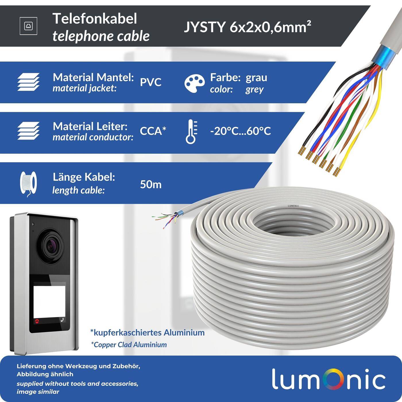 Lumonic Telefonkabel JYSTY grau | 6x2x0,6mm CCA | 50m | farbcodiert & geschirmt | Metermarkierung | Fernmeldekabel, Telefonanschlusskabel