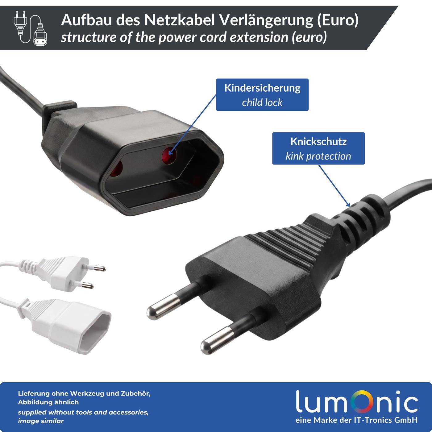 Lumonic Eurostecker Verlängerungskabel 3-fach, Schwarz 1,5 m, 230 V - Drei Geräte an einem Kabel, für Fensterbank, Schreibtisch und TV-Board, kindersichere Buchsen, Eurostecker mit Knickschutz