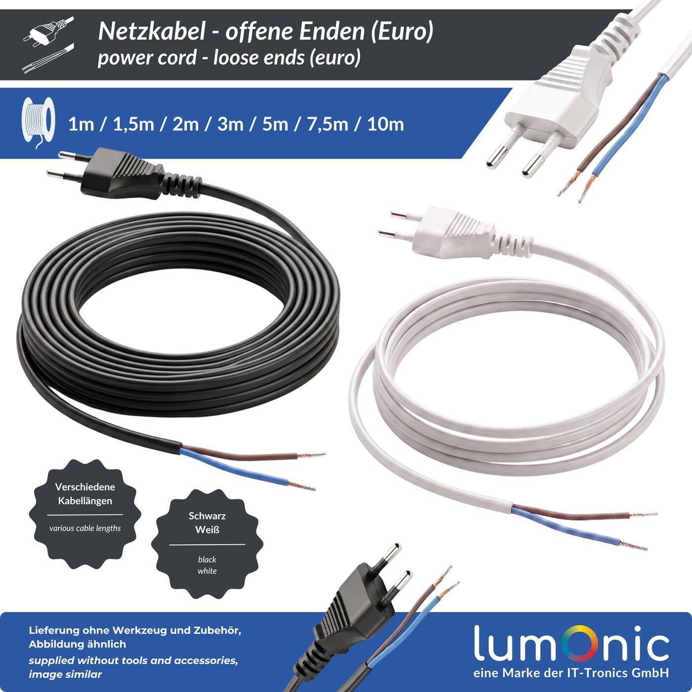 Lumonic Euro-Netzkabel mit Offenen Enden, Verzinnt, Schwarz 1 m, 230 V - Verzinnte anschlussfertige Enden, Reparatur von Leuchten und Deko, Knickschutz am Stecker, Eurostecker für jede Steckdose