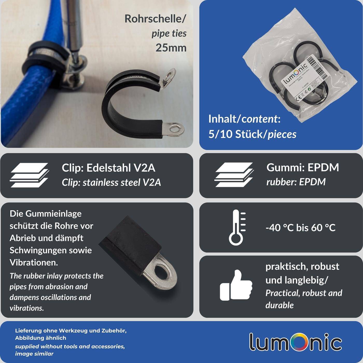 5x P-Clip Leitungsschelle Edelstahl V2A mit Gummi 25mm Rohrschelle Befestigungsschelle