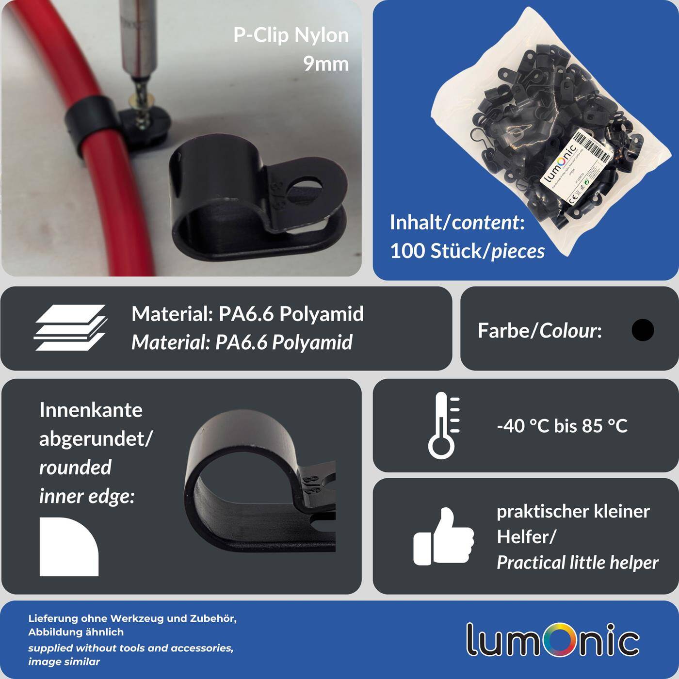 Lumonic Kabelclip Set 100x P-Clip I Perfekt geeignet für Kabel mit 9mm Durchmesser 3/8" I Auch als: Kabelschelle, Kabelhalter und Chassisklemmen einsetzbar