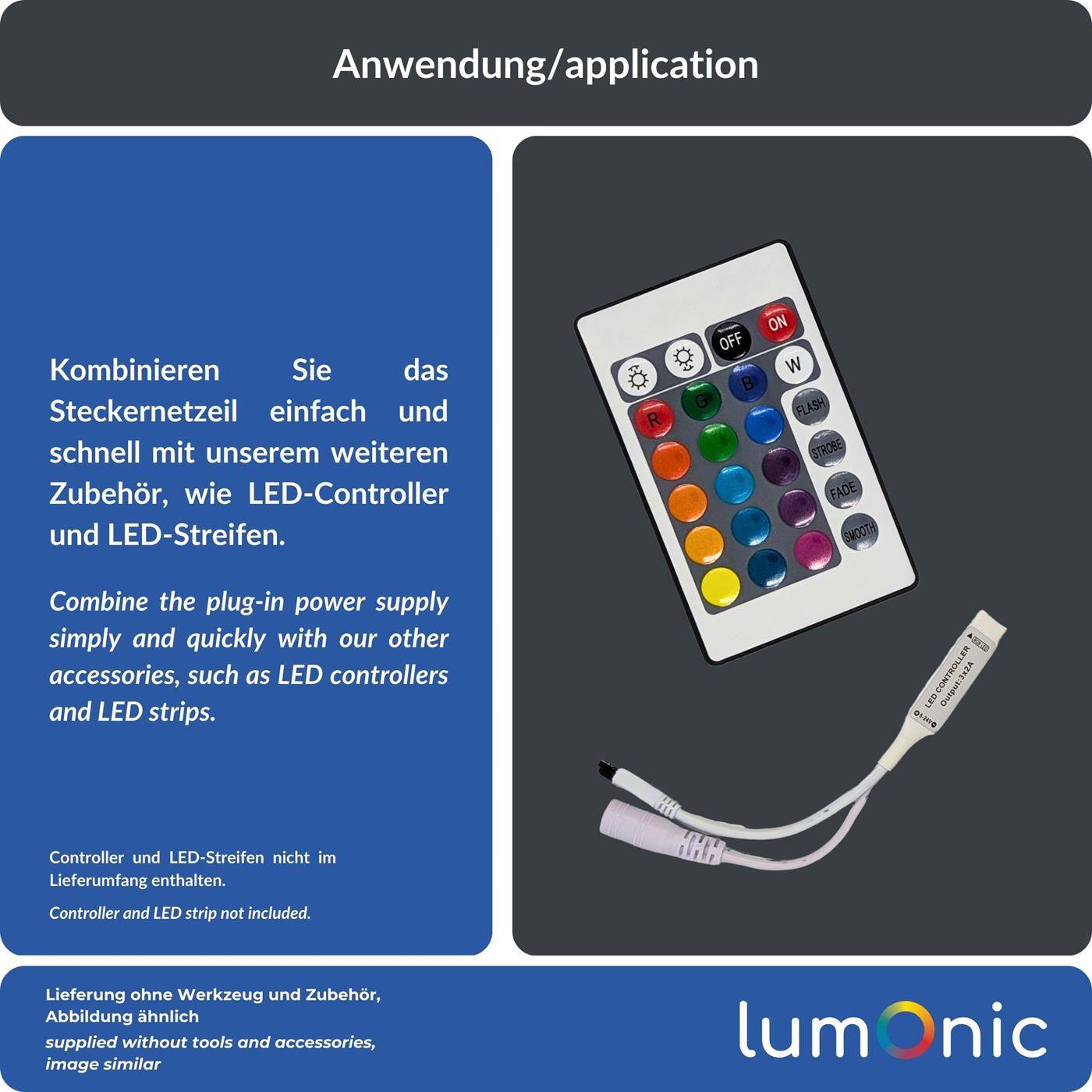 Lumonic I LED Steckernetzteil PIP-12-12 I 12V 12W I Input 100-240VAC I extra langes Kabel mit Hohlstecker 5,5/2,1 I Überlastschutz & effizient I universeller EU-Netzadapter I für LED-Streifen