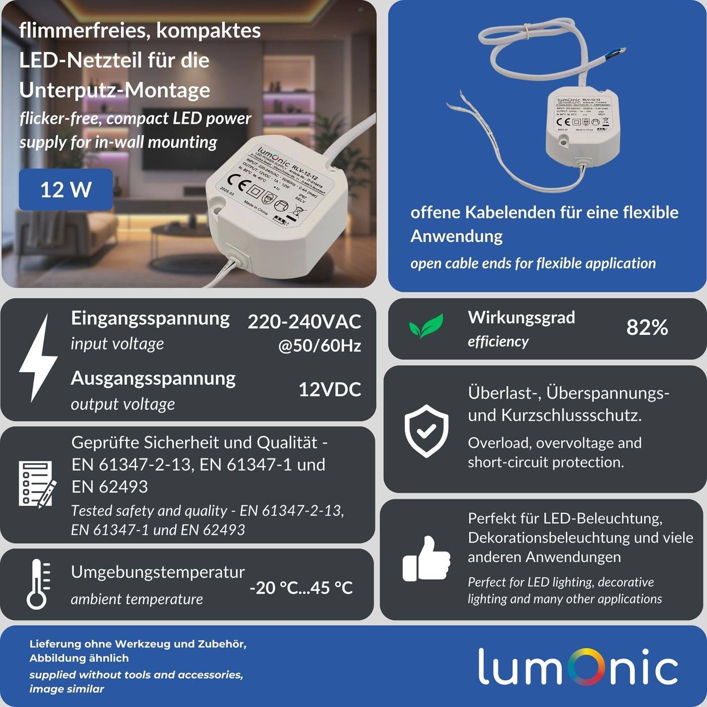 Lumonic I LED flush-mounted power supply unit RLV-12-12 I 12V 12W I Input 220-230VAC I flicker-free I Overload protection I Compact LED power supply unit I for LED lighting | Doorbell