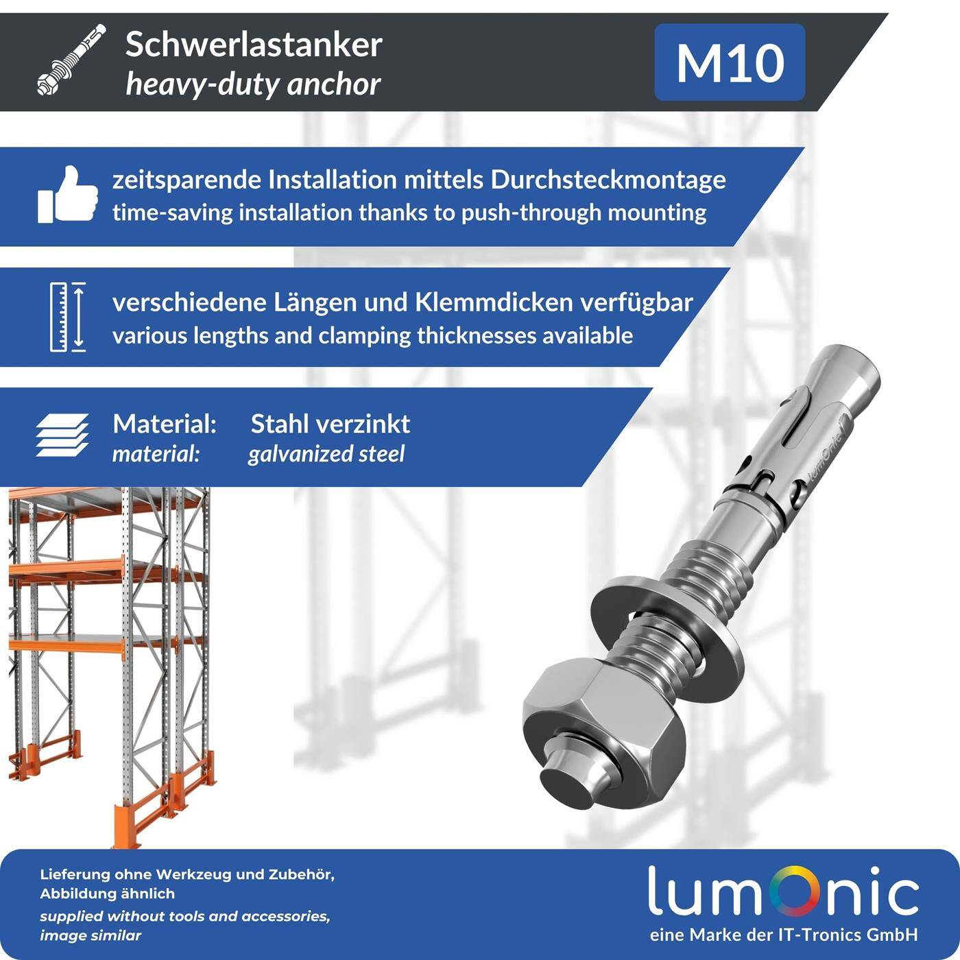 Lumonic Heavy Duty Anchor M10 x 80mm | High-quality galvanized wedge anchors | Push-through mounting, IMMEDIATELY LOADABLE | Concrete anchor, Heavy duty anchor | for canopies, Railing, Shelves, Partition walls