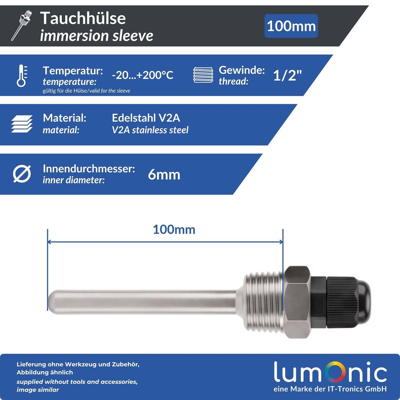 Lumonic Set of 2 immersion sleeves V2A stainless steel 1/2 inch | 100mm Installation length | Perfect fit for 6mm temperature sensors | for buffer storage, heating, solar + smart home