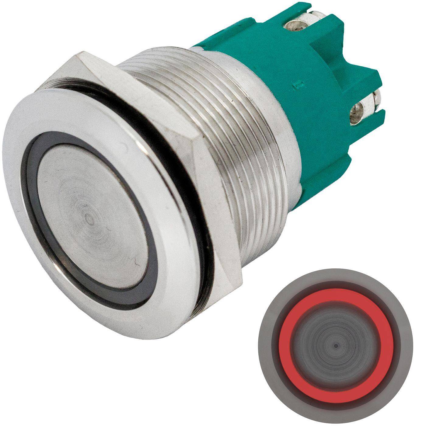 Stainless steel Push button Flat Ø25mm Ring LED Red IP65 Screw Connection 250V 3A Vandal-proof