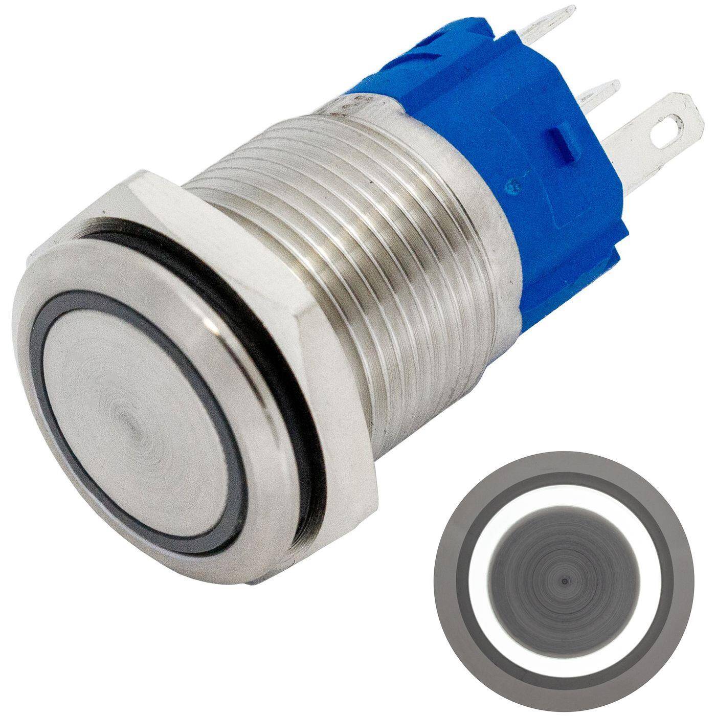 Lumonic Edelstahl Drucktaster flach 16mm Durchmesser I Mit einer Ring LED in Kalt-Weiß Maße: 2,8x0,5mm Pin s 250V 3A I Vandalismussicher nach dem IP65 Standard