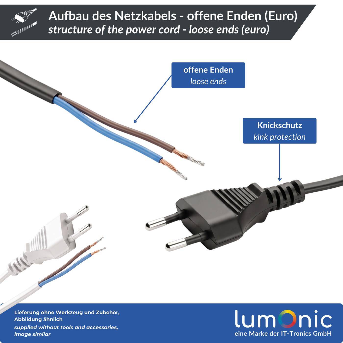 Lumonic Euro-Netzkabel mit Offenen Enden, Verzinnt, Weiß 1,5 m, 230 V - Verzinnte anschlussfertige Enden, Reparatur von Leuchten und Deko, Knickschutz am Stecker, Eurostecker für jede Steckdose