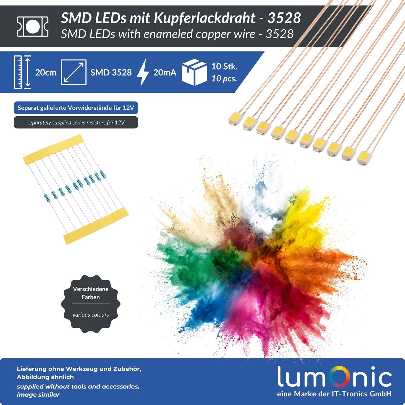 Lumonic 10x Superhelle LEDs vom Typ SMD 3528 - High Power LEDs mit Anschlussdraht zum selber Löten DIY in Farbe Rot - Durchmesser: 3,5x2,8mm