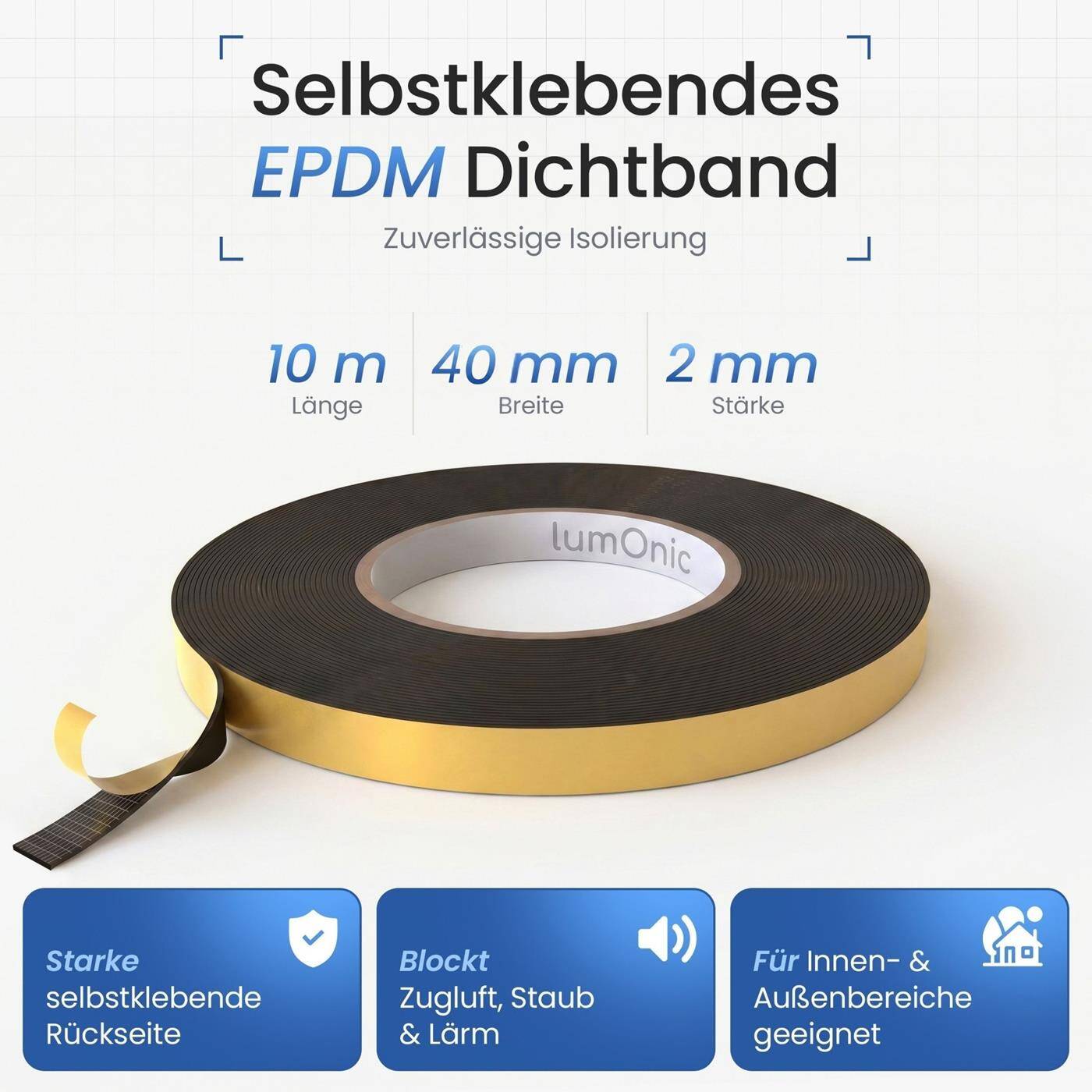 Lumonic 10m EPDM sealing tape Self-adhesive 40mm x 2mm | Foam rubber sealing tape for windows + doors | Window seal, door seal, rubber seal for cold protection