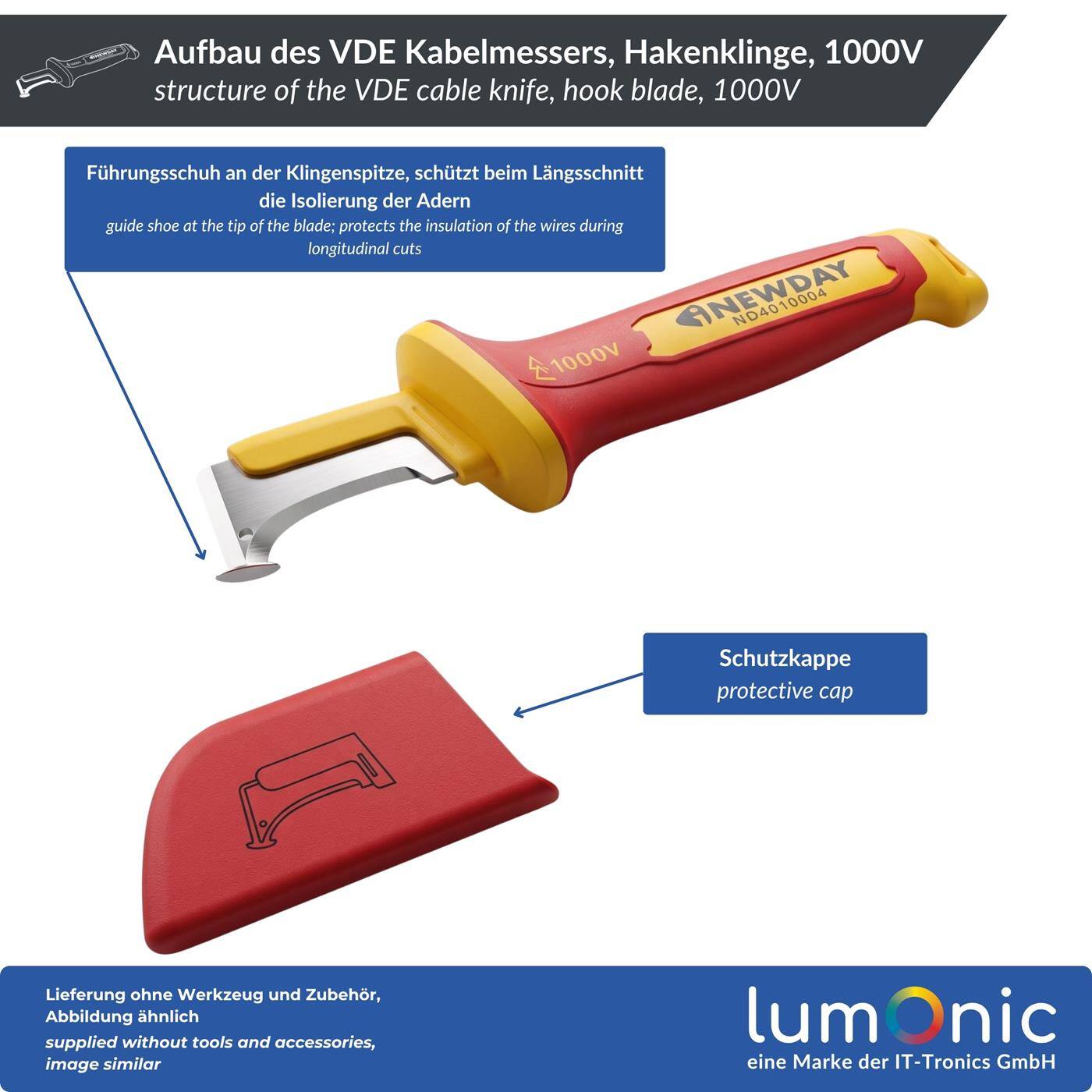 Lumonic VDE Cable Cutter 1000V, hook-shaped blade with guide shoe—guide shoe protects the wire insulation, 5Cr13 blade steel, protective cap included