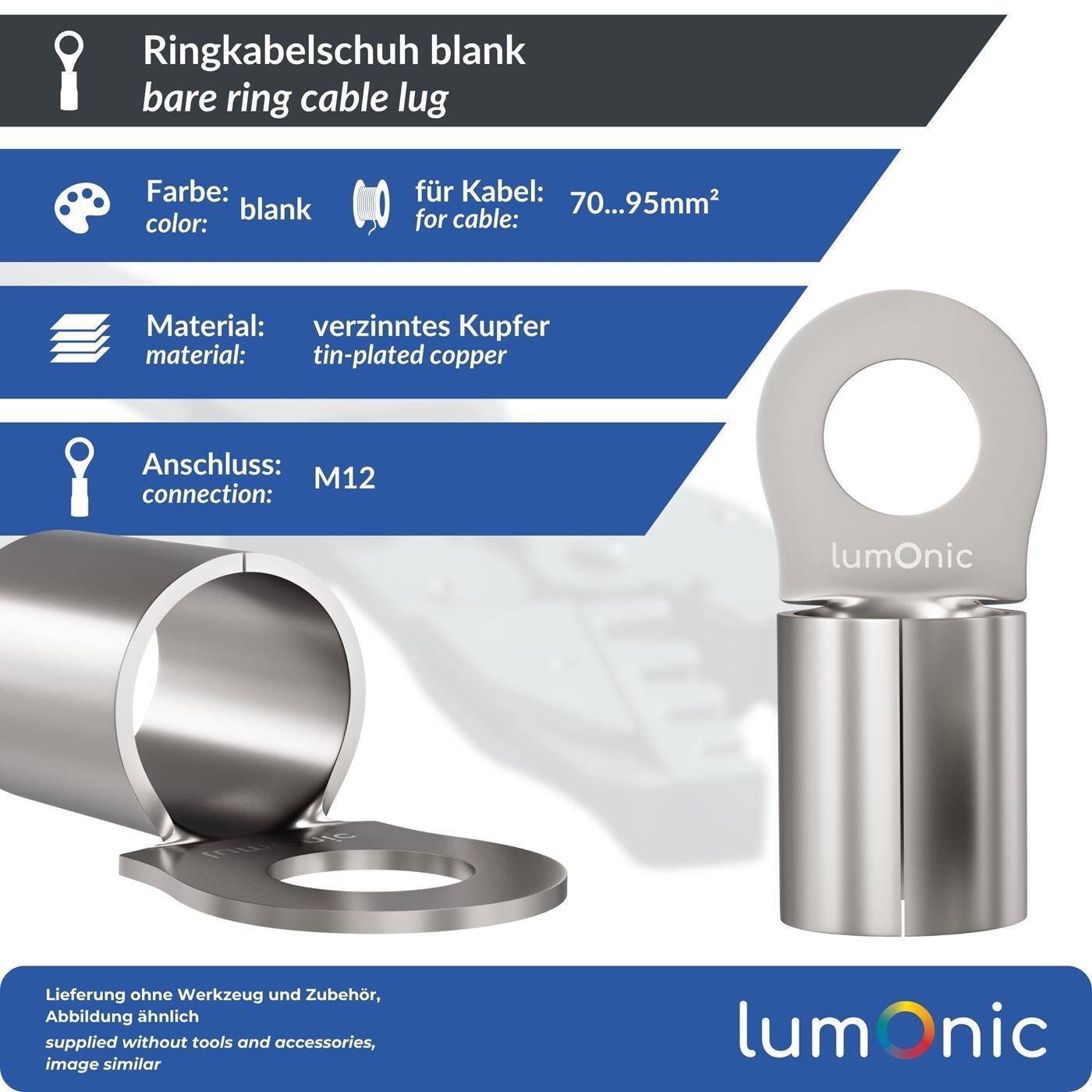 Lumonic 10x Ring cable lug 70-95mm² blank | M12 | Tinned copper | Secure cable connection without soldering | Crimp cable lug uninsulated | Motor vehicle, mechanical engineering, motorhome, battery