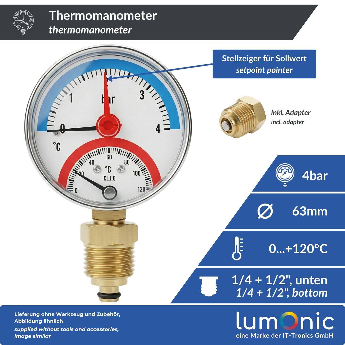 Lumonic Thermomanometer 4bar 0-120°C | 1/4 + 1/2 inch (adapter) | Bottom connection | Ø 63mm, large scale | Heating pressure gauge | Metal housing