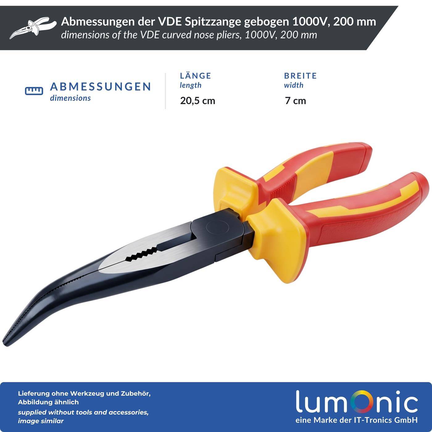 Lumonic VDE Curved Nose Pliers, 1000 V, 200 mm - Angled tips for tight spaces, 60CrV steel, two-component handle, for distribution panels and control cabinets