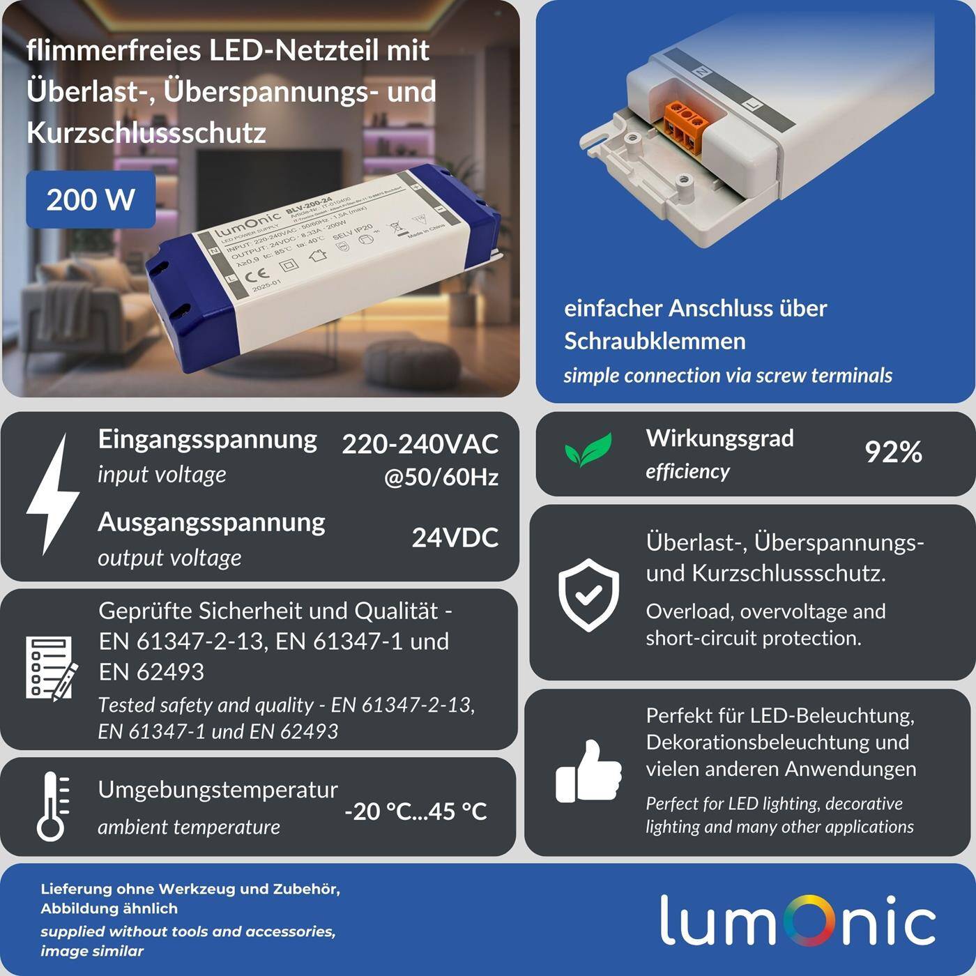 Lumonic I LED transformer BLV-200-24 I 24V 200W I Input 220-230VAC I flicker-free I Overload protection I LED power supply unit I for LED lighting
