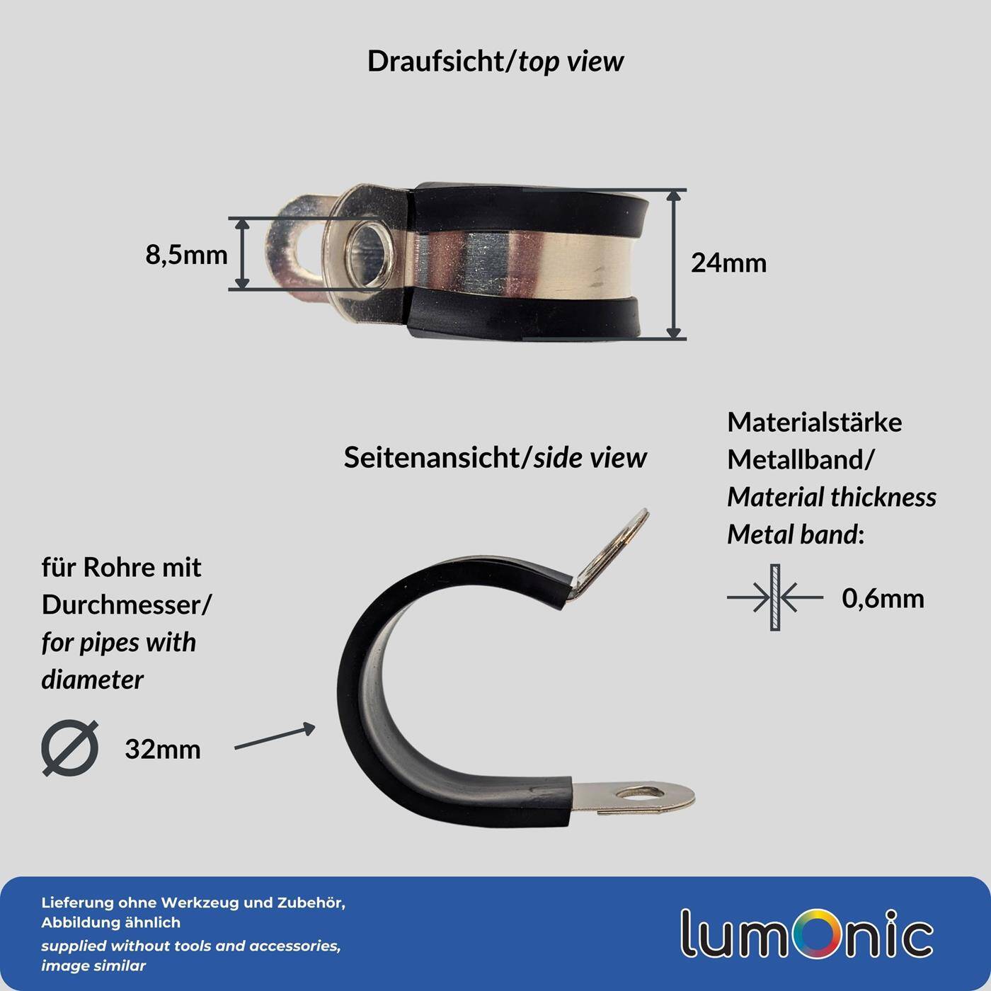 Lumonic 5x 32mm Rohrschellen mit Gummieinlage Edelstahl V2A I Kabelschellen zum Schrauben I Schlauchschelle 32mm, Rohrschellen, Befestigungsschelle 32mm, Rohrhalterung