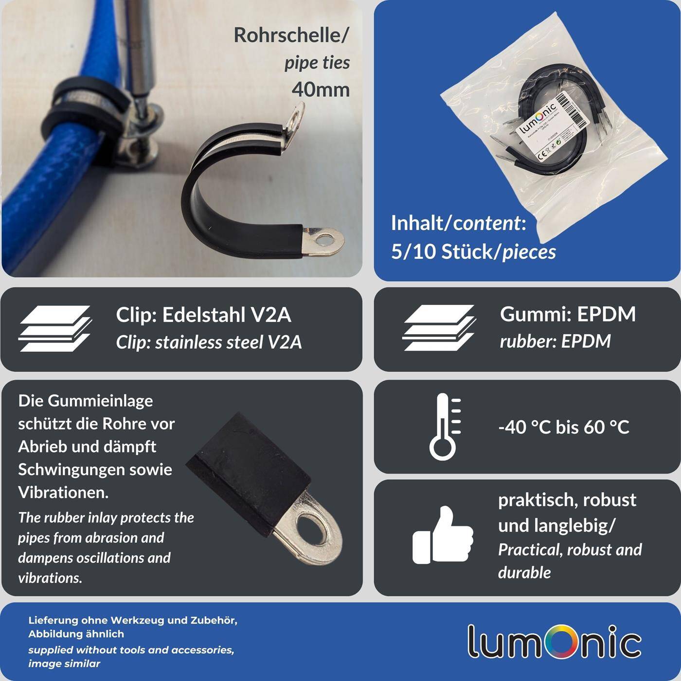 Lumonic 5x 40mm Rohrschellen mit Gummieinlage Edelstahl V2A I Kabelschellen zum Schrauben I Schlauchschelle 40mm, Rohrschellen, Befestigungsschelle 40mm, Rohrhalterung