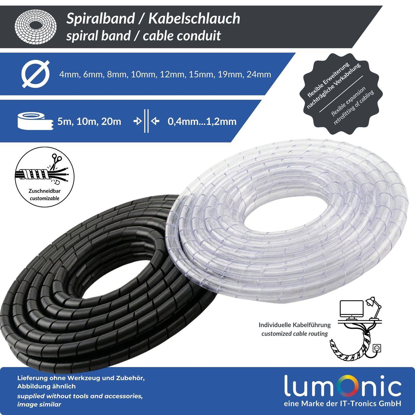 5m Spiralband 6mm (4-50mm) Kabelschlauch Transparent  Schlauch Schutz