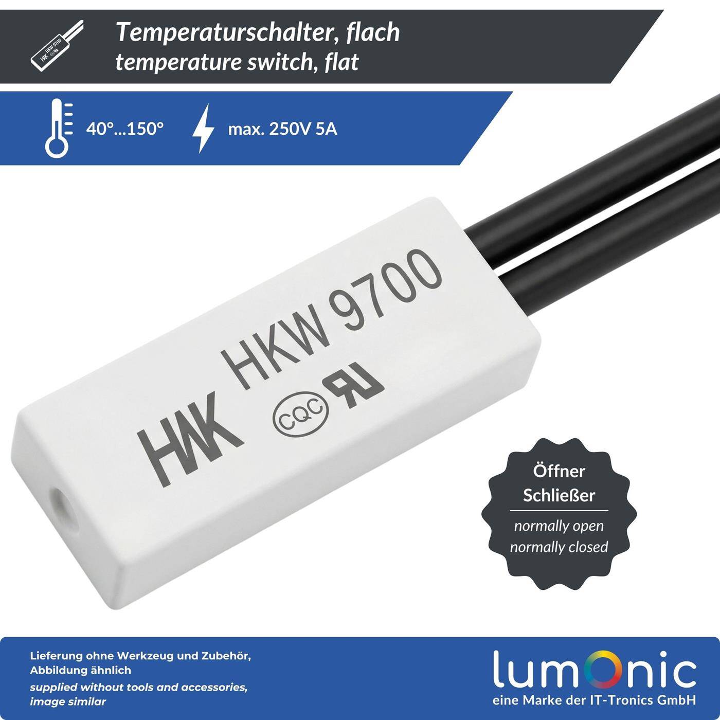 Lumonic Thermoschalter 40°C Öffner 250V 5A Kabel Temperaturschalter Thermostat HKW9700 Bimetall Thermoschutz