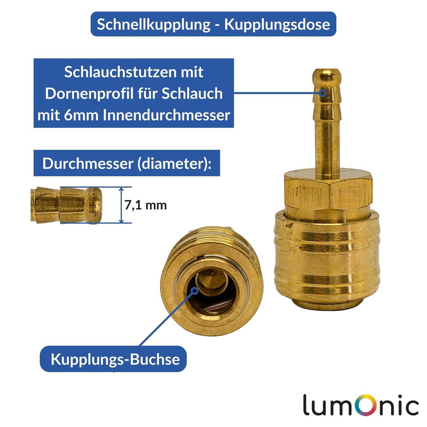 Kupplungsdose mit Schlauchstutzen für 6mm Schlauch aus Messing Druckluftkupplung-Buchse Schnellkupplung für Werkstätten, Betriebe und Heimwerker