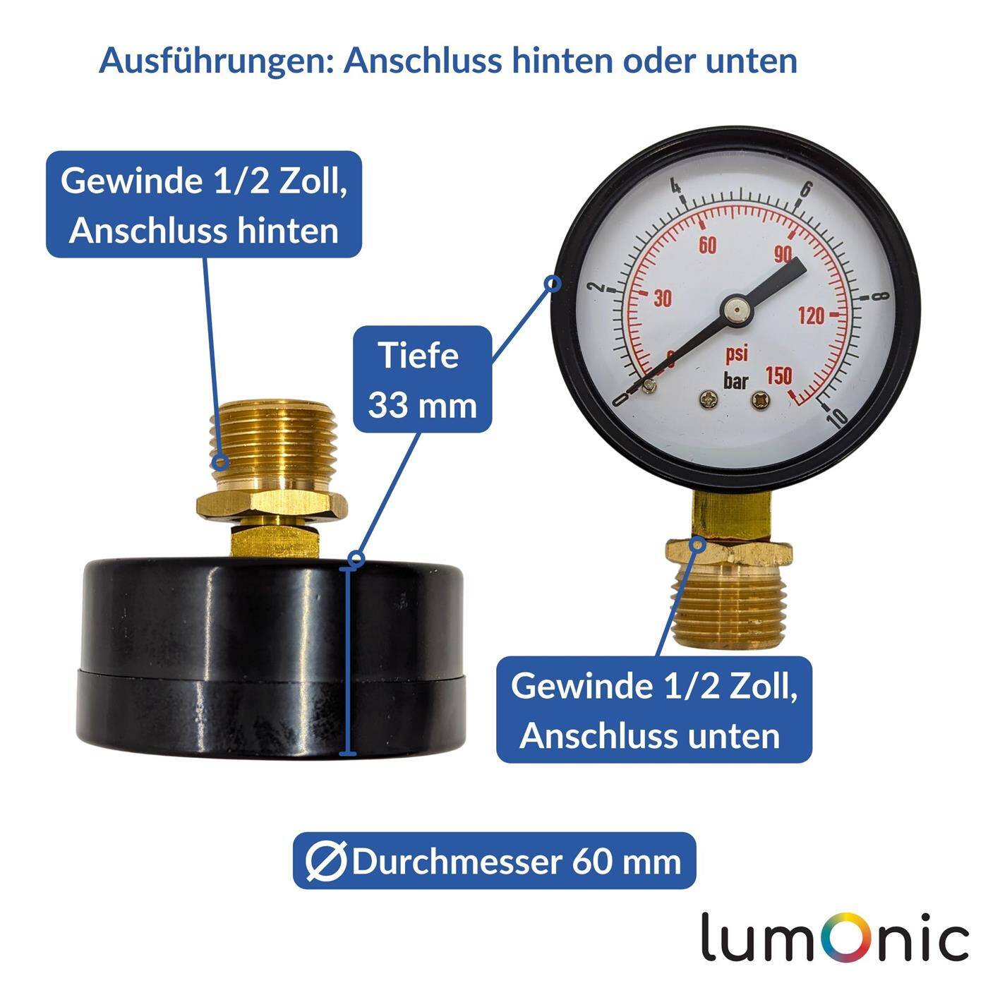 Lumonic I Manometer 0-10bar I 1/2 Zoll I Klasse 2,5 I Anschluss unten I Durchmesser 60mm I Druckmesser I für Druckluft und Wasser