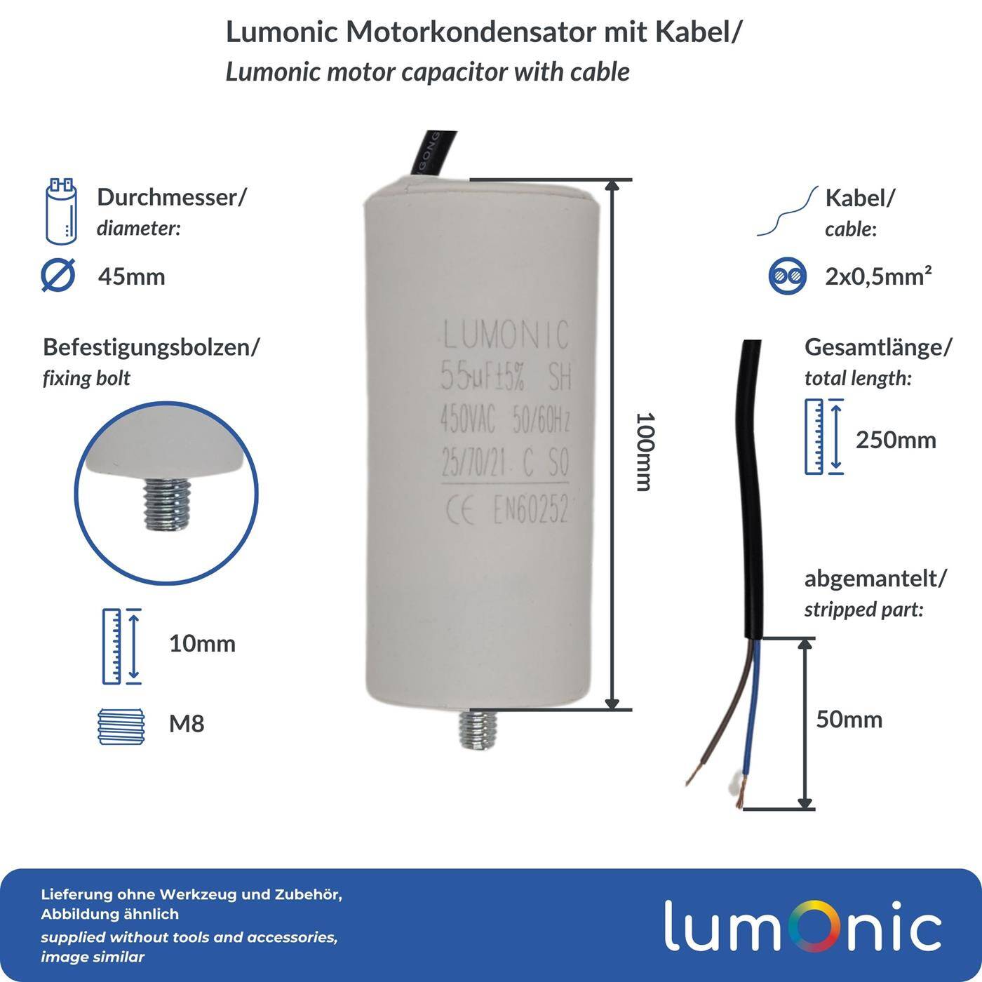 Lumonic Anlaufkondensator 55µF 450V | mit Kabel I 45x100mm I 55uF I Motorkondensator mit Kunststoffgehäuse I Betriebskondensator I für Pumpen, Rasenmäher, Werkzeuge