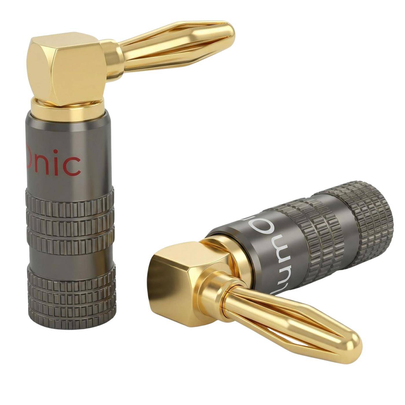2er Set HiFi Bananenstecker grau, gewinkelt, schraubbar, vergoldete 4mm Kontakte, für 0,75mm²…4,0mm², Metallgehäuse, für Verstärker, Lautsprecher, Surround-System