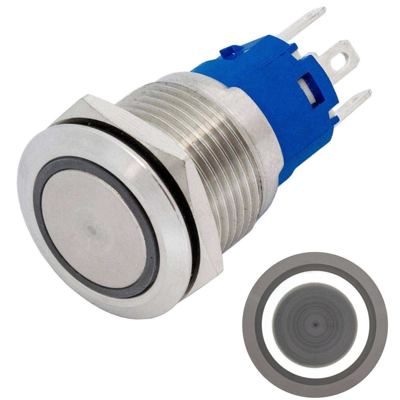 Lumonic Edelstahl Druckschalter flach 19mm Durchmesser I Mit einer Ring LED in Kalt-Weiß Maße: 2,8x0,5mm Pin s 250V 3A I Vandalismussicher nach dem IP65 Standard