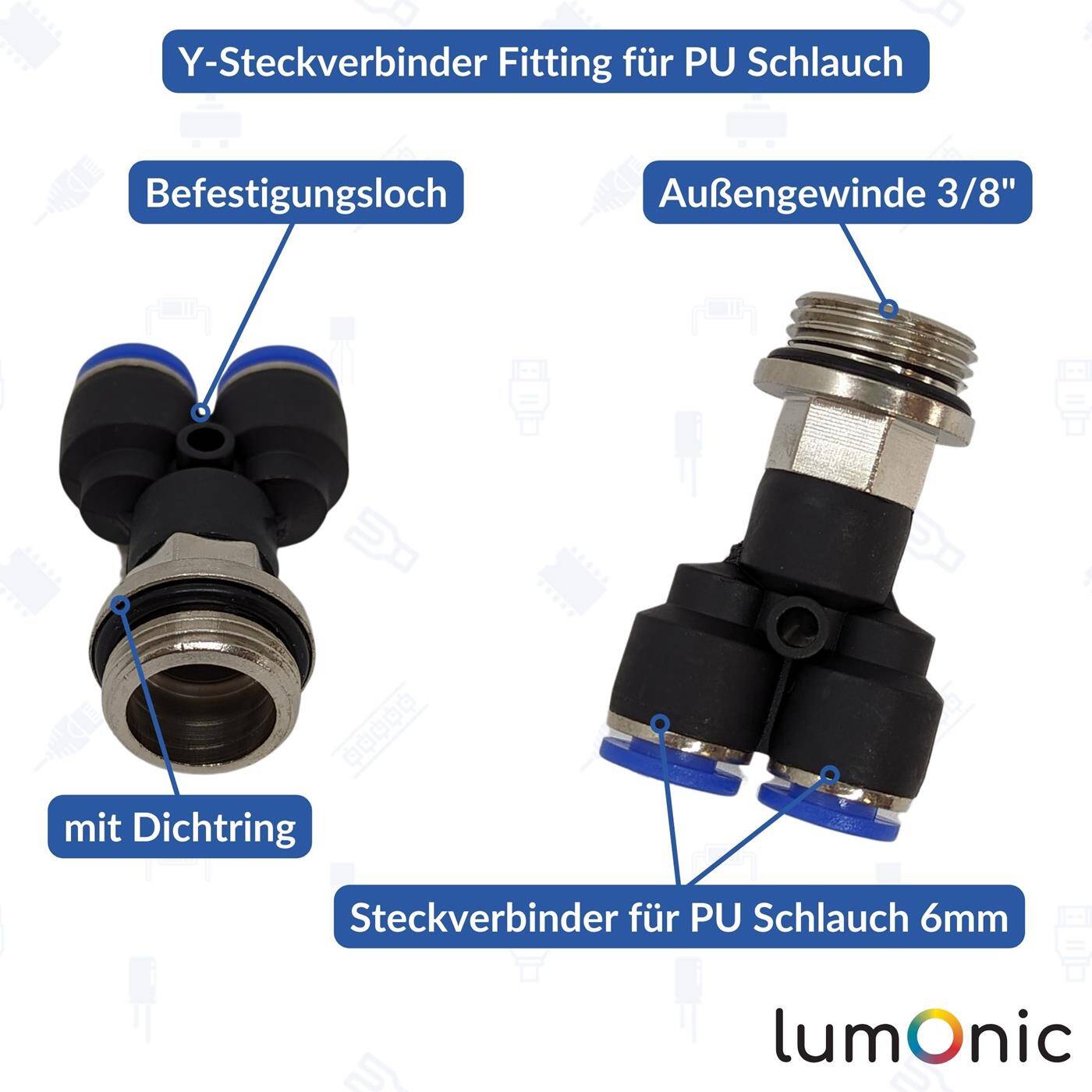 PU hose Y-connector fitting with external thread 6mm*3/8inch Y-piece Push-in Pneumatic plug connector Y-distributor Compressed air