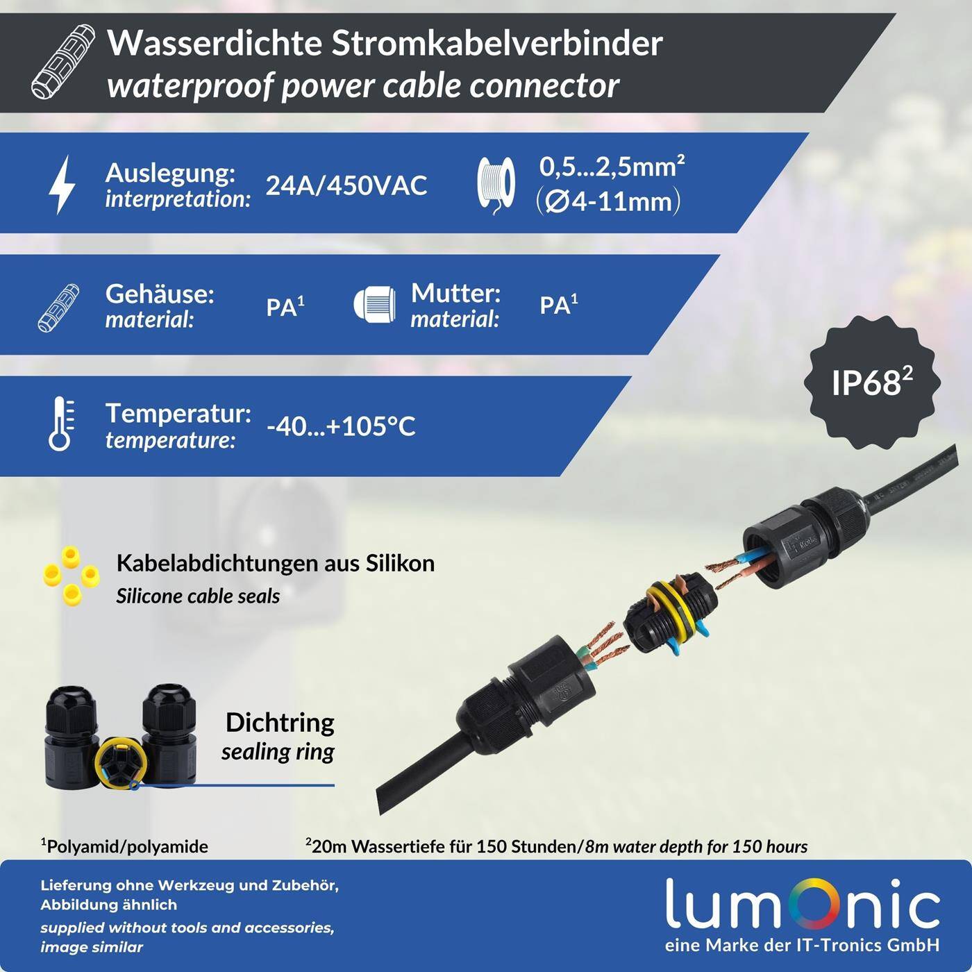 Stromkabelverbinder wasserdicht IP68, schnelle, sichere Kabelreparatur, für Kabel 0,5-2,5mm², -40°C bis+ 105°C, Kabelverbinder für Outdoor, Garten, Erdkabel