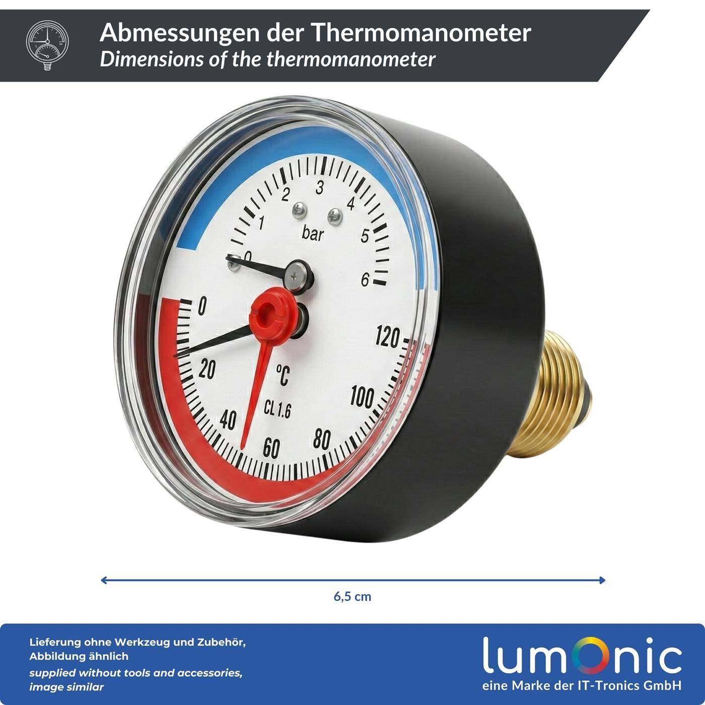 Thermomanometer 6bar 0-120°C 1/4 + 1/2 inch (adapter) Rear connection Ø 63mm large scale Heating pressure gauge Metal housing